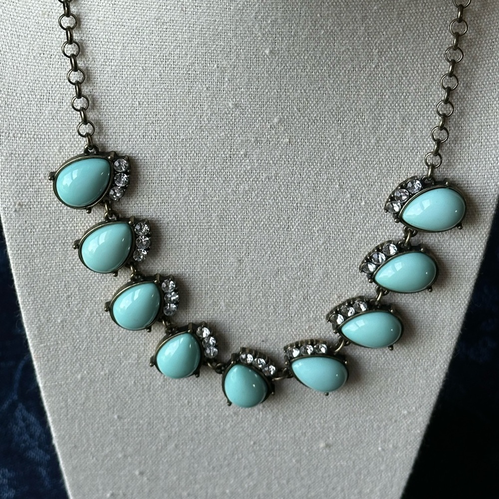 J. CREW Retro Look Turquoise Blue and Clear Rhinestone Necklace
